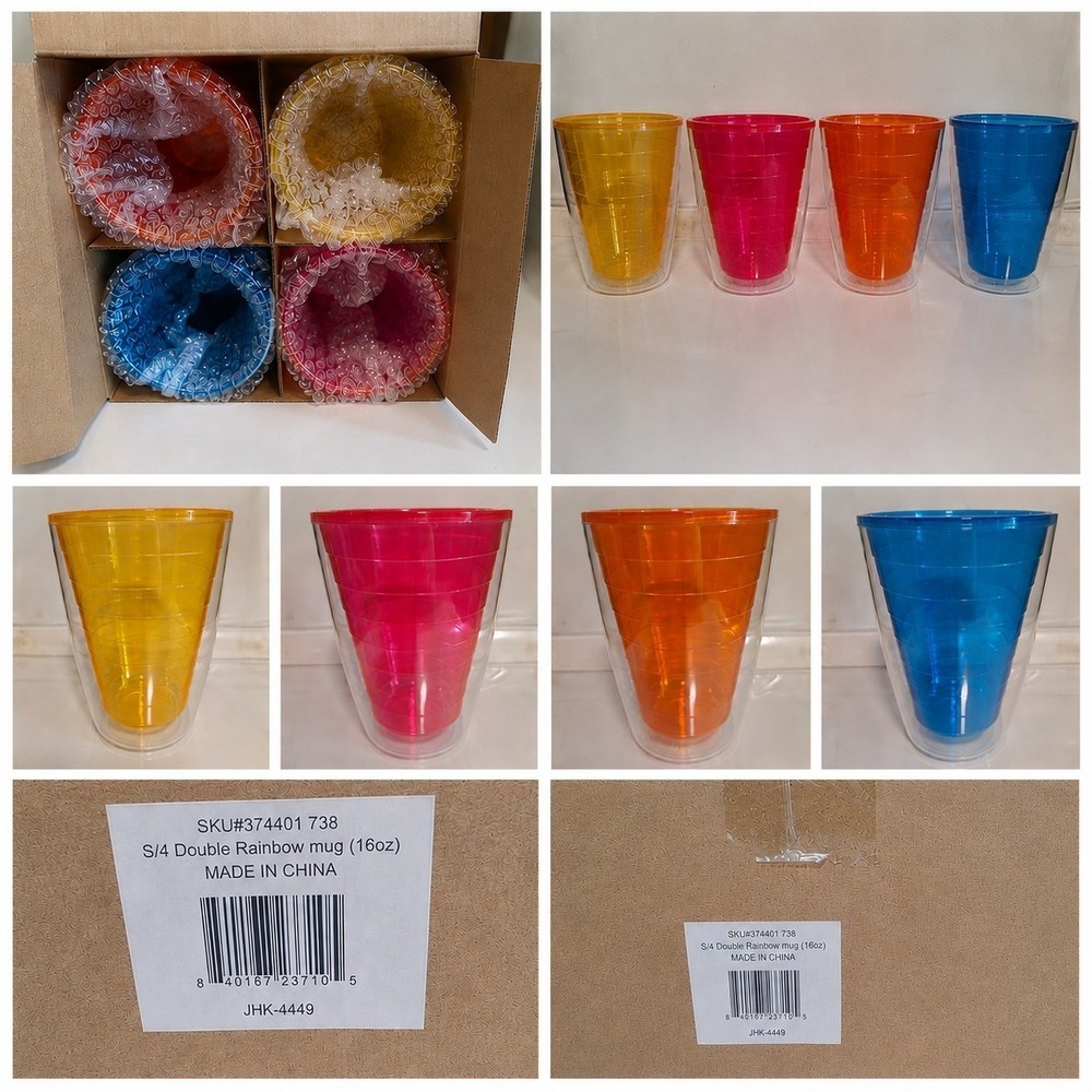 Set of 4 Double Rainbow 16 oz Blue Double Wall Glass Mugs Tumblers Vintage